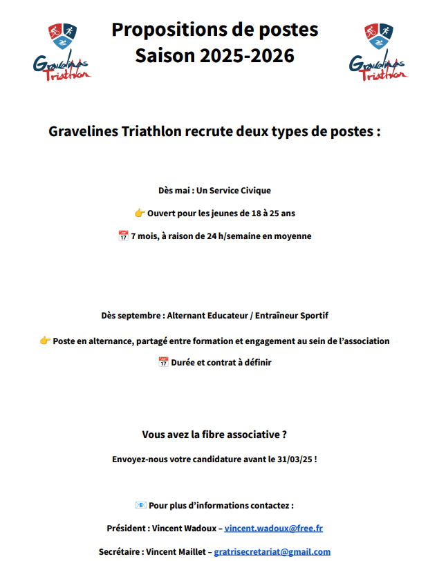 📢 Gravelines Triathlon recrute : Deux postes à pourvoir prochainement